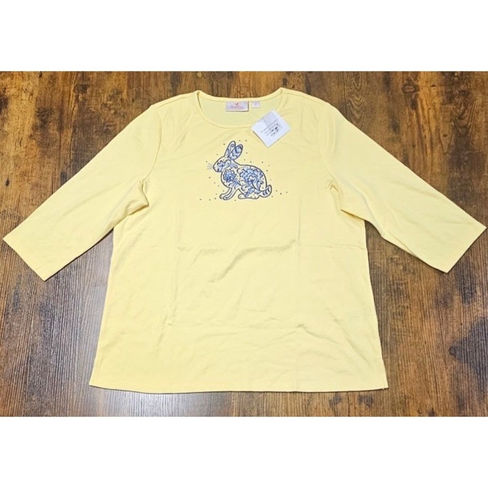 Quacker Factory Yellow Rhinestone Blue Rabbit Embroidered Women's Sz Large NWT